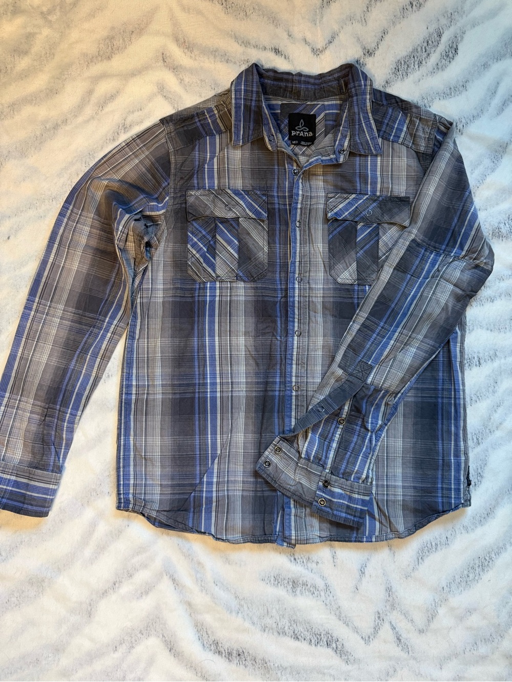 Prana Men's Blue and Gray Plaid Button-Down Shirt